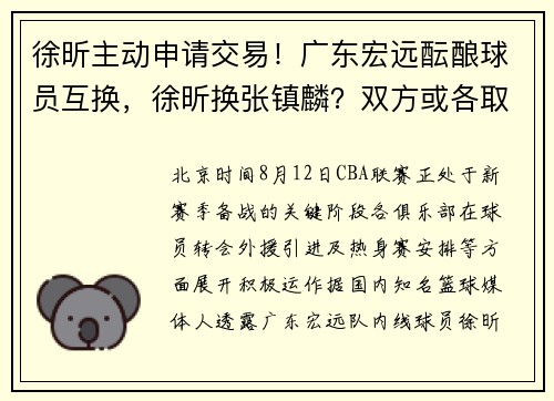 徐昕主动申请交易！广东宏远酝酿球员互换，徐昕换张镇麟？双方或各取所需？